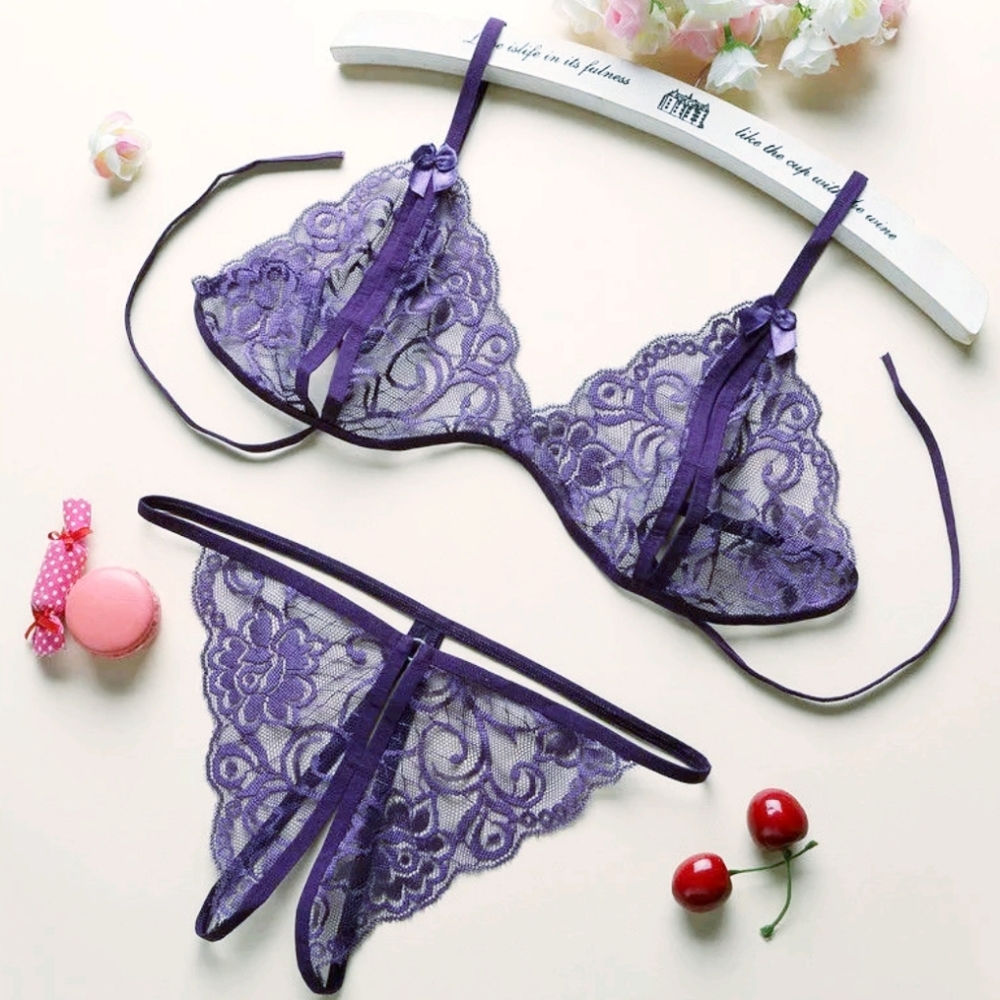 2/$30 NWOT Purple Two Piece Crotchless Lingerie Sexy Panties Bra